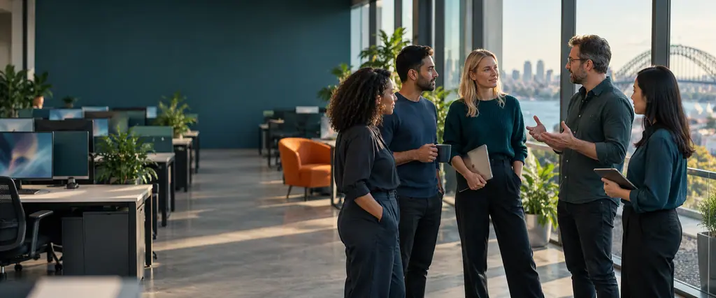 Five diverse colleagues hold a stand-up meeting by sunlit office windows, with rows of desks on the left