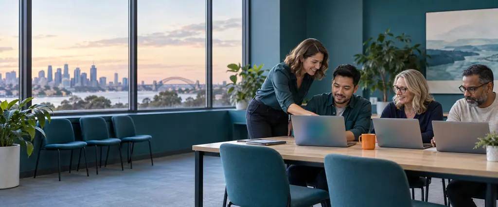 A trainer helps three adult learners using laptops in a teal training room overlooking Sydney Harbour at dusk