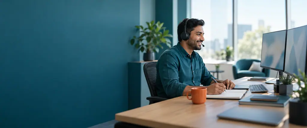 A smiling man wearing a headset takes notes at a desk with two monitors in a bright office with a teal wall