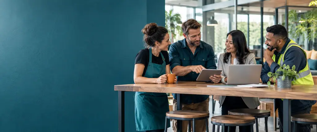 Four small-business people talk around a high table with a tablet and laptop beside a teal wall in a bright workspace