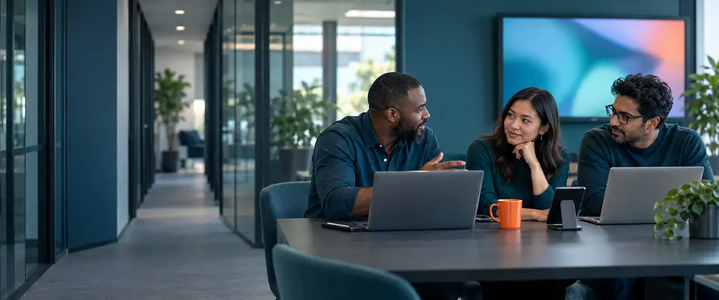 Three colleagues discuss a product at a desk with laptops and a phone, beside a quiet glass corridor