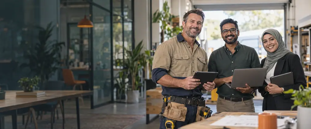 A tradesperson with a tool belt holding a tablet, a business owner holding a laptop and a woman wearing a hijab holding a folder stand smiling in a bright workshop office
