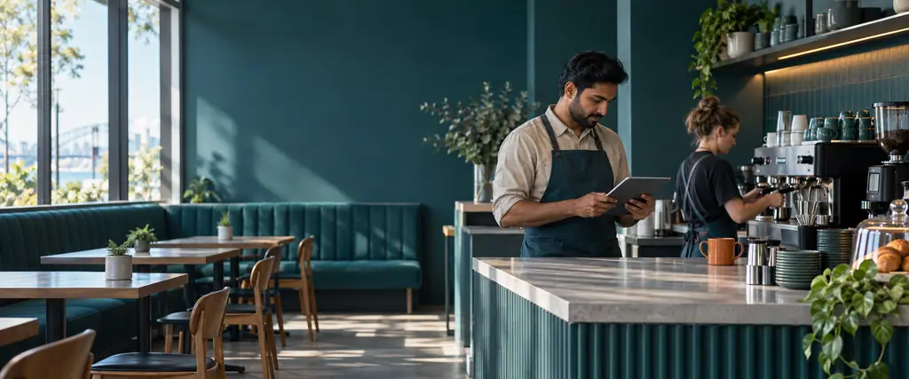 A cafe manager checks a tablet while a barista prepares the coffee machine in a sunlit cafe with teal seating