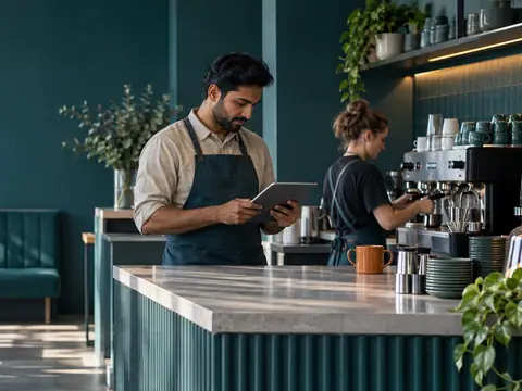 A cafe manager checks a tablet while a barista prepares the coffee machine in a sunlit cafe with teal seating