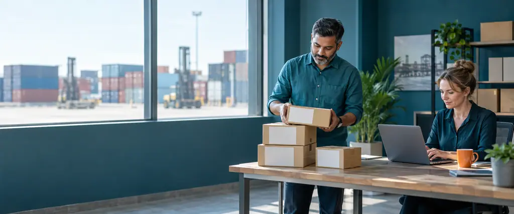 An exporter checks cartons while a colleague works at a laptop in a bright office overlooking a container yard
