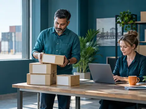 An exporter checks cartons while a colleague works at a laptop in a bright office overlooking a container yard