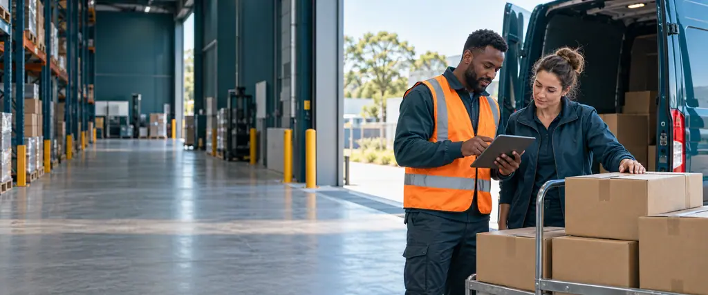 A dispatcher and driver review a tablet beside parcels on a trolley and a delivery van at a bright warehouse dock