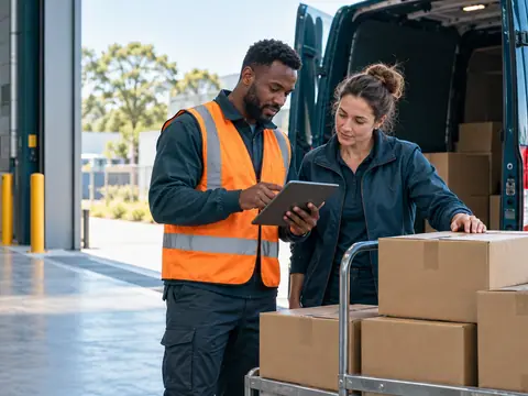 A dispatcher and driver review a tablet beside parcels on a trolley and a delivery van at a bright warehouse dock