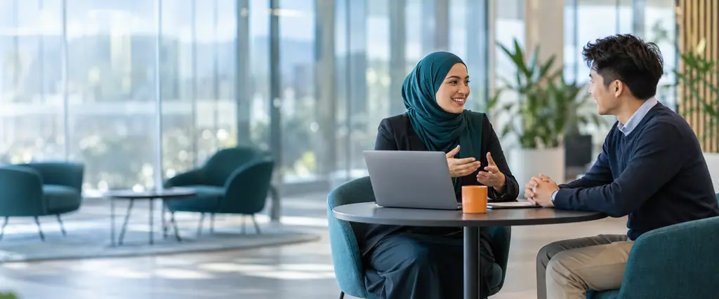 A recruiter wearing a teal hijab interviews a young man across a round table with a laptop in a bright office