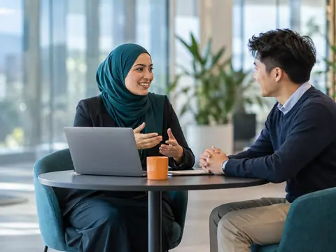 A recruiter wearing a teal hijab interviews a young man across a round table with a laptop in a bright office
