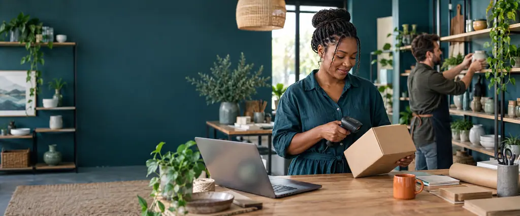 A shop owner scans a parcel beside a laptop while a colleague arranges homewares on shelves