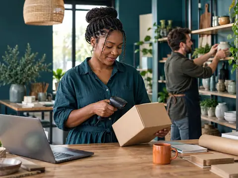 A shop owner scans a parcel beside a laptop while a colleague arranges homewares on shelves