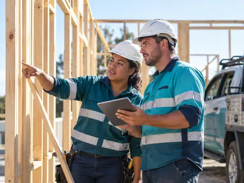 A builder holds a tablet as a woman electrician points at timber framing on a sunny building site, with a ute behind them
