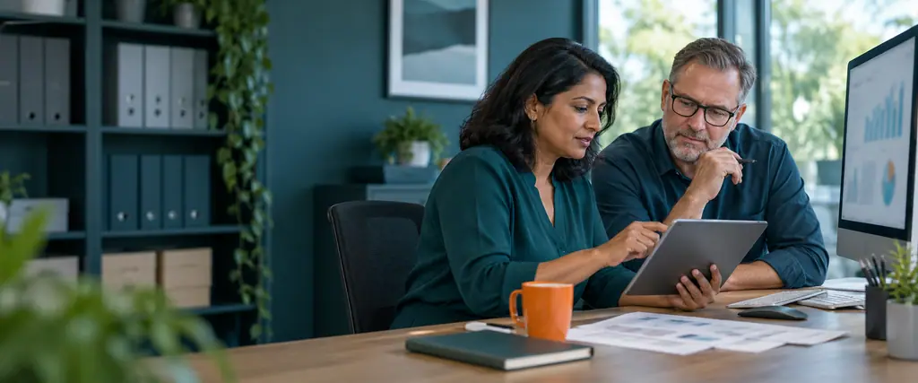 An office manager and accountant review a tablet beside a monitor, with paperwork and an orange mug on the desk