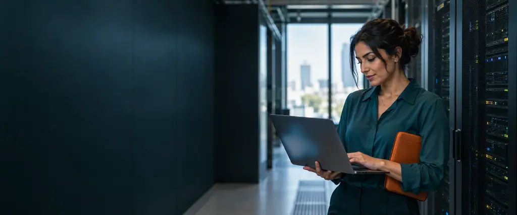 A woman IT engineer in teal checks a laptop beside server racks in a sunlit server room with cool blue tones