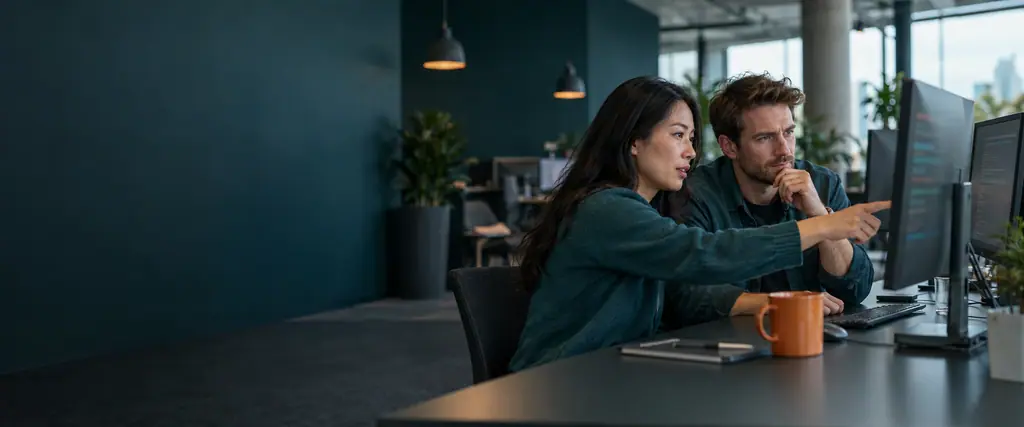 Two developers review blurred code on dual monitors in a teal office, with the woman pointing at a screen