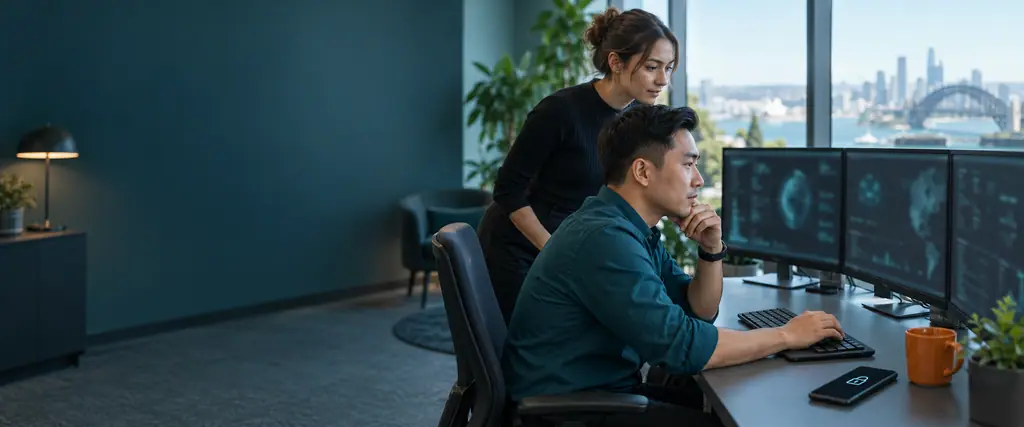 A security specialist works at three monitors while a colleague looks on, with a glowing lock on a phone beside him