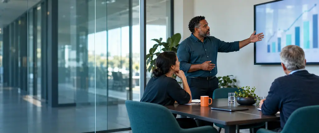 A manager presents blurred charts to two colleagues in a bright meeting room beside a glass corridor