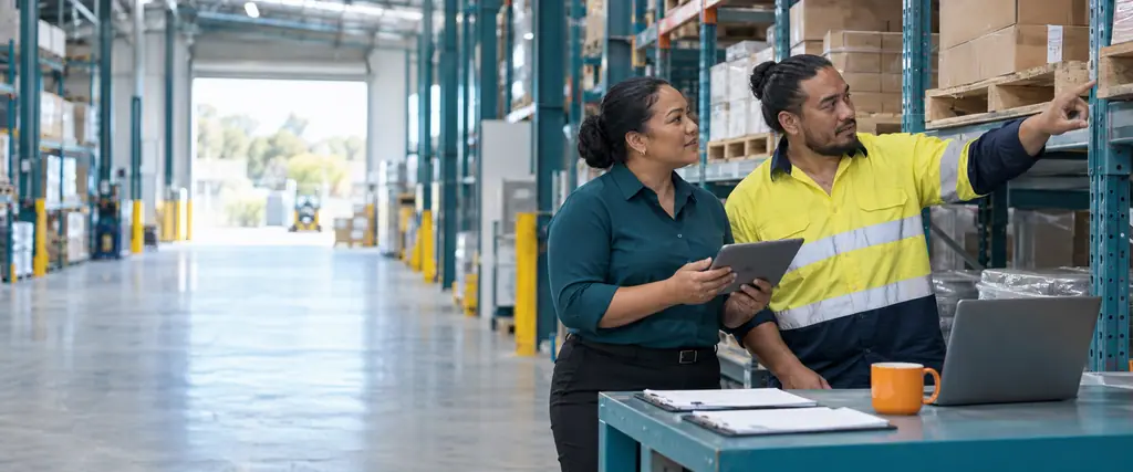 An operations manager holds a tablet beside a warehouse worker pointing at shelves, with a laptop on a nearby bench