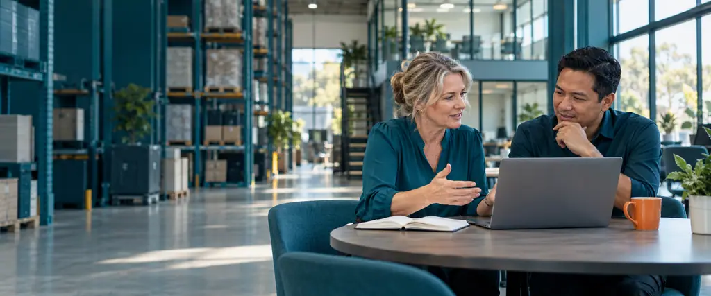 An IT consultant talks with a business owner over a laptop and notebook at a round table in a bright warehouse office