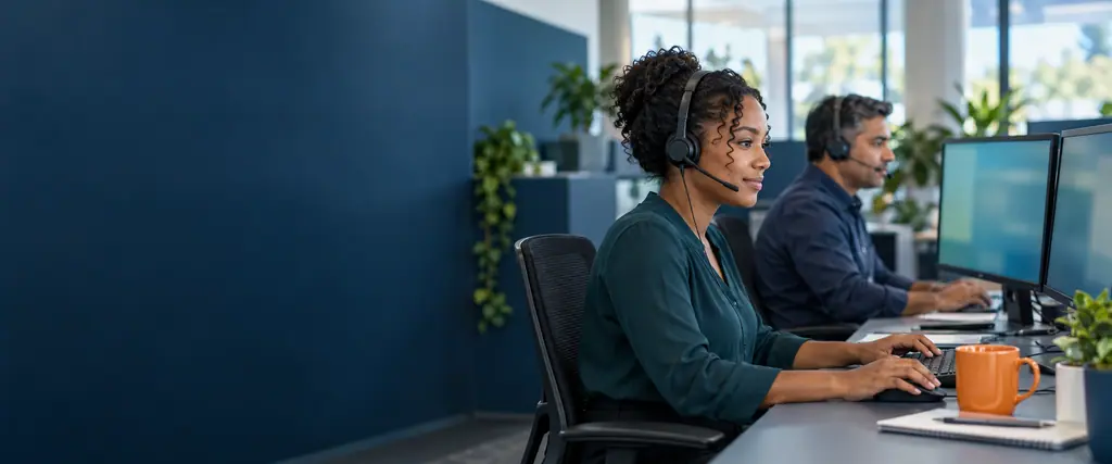 Two help-desk technicians wearing headsets work at computers in a bright office with navy partitions and an orange mug