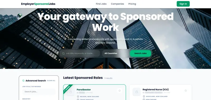 Screenshot of Employer Sponsored Jobs