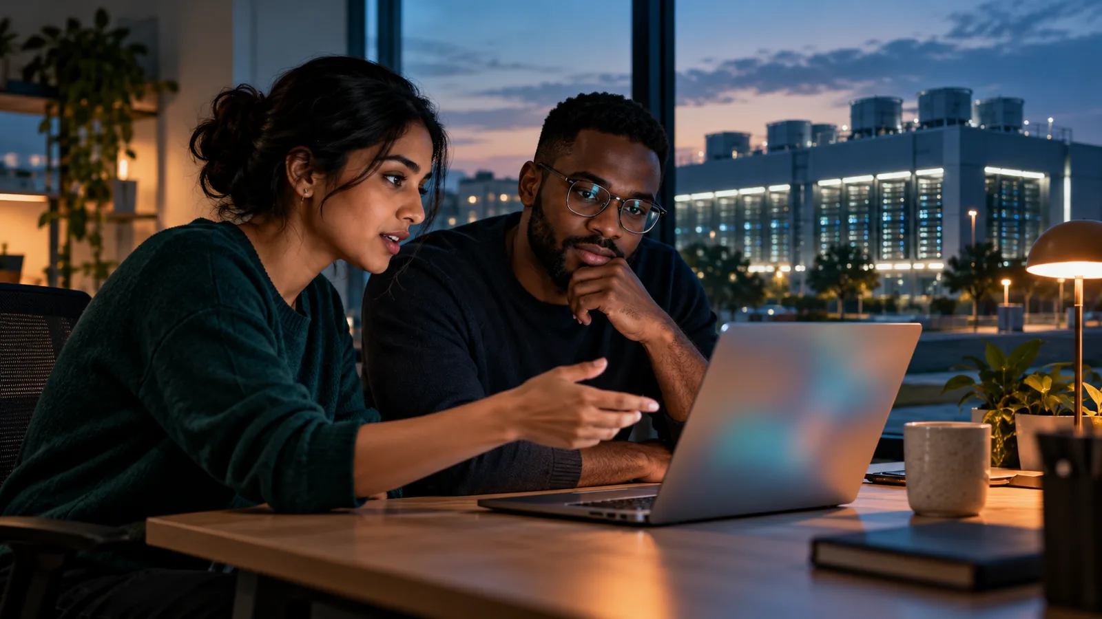 Two colleagues review a laptop in a warmly lit office at dusk, with a glowing data centre outside the window.