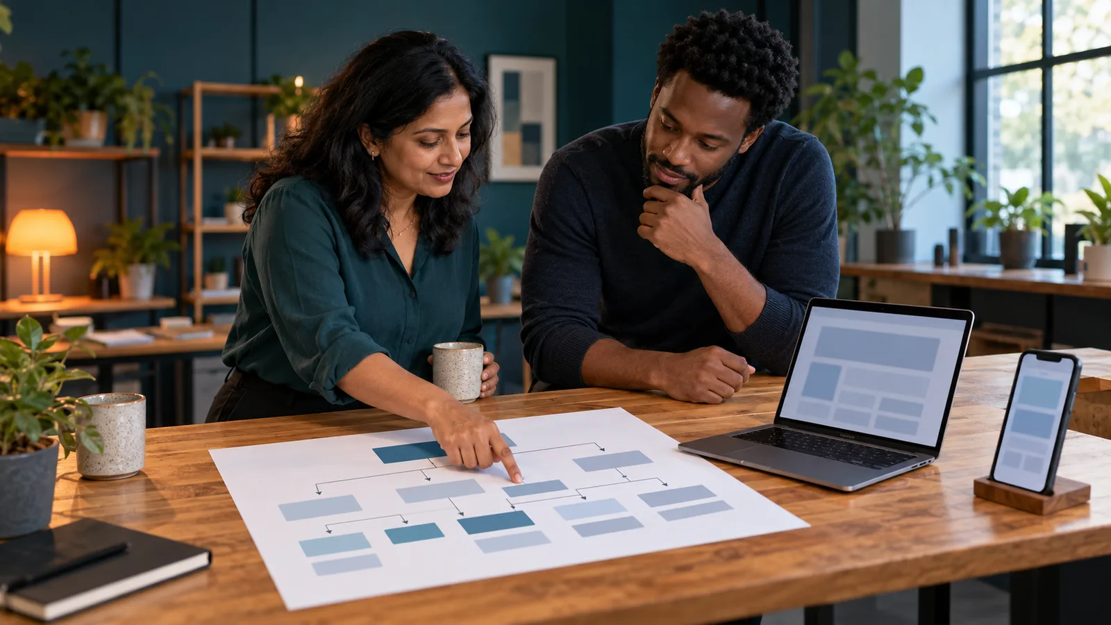 Business owner and web developer review a printed site map beside a laptop and phone in a teal office.
