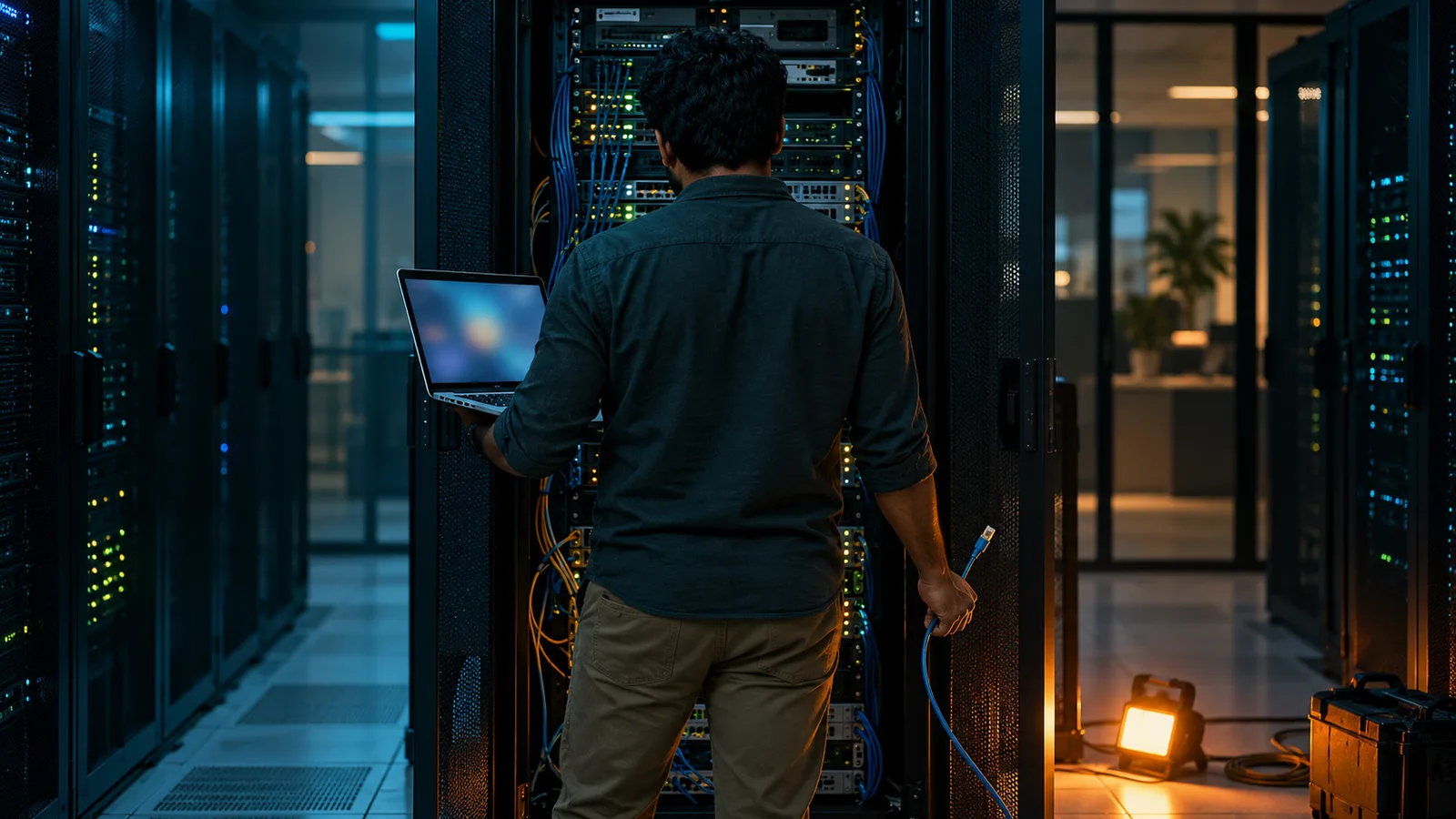 A technician seen from behind holds a laptop and unplugged cable at a server rack in teal and orange light.
