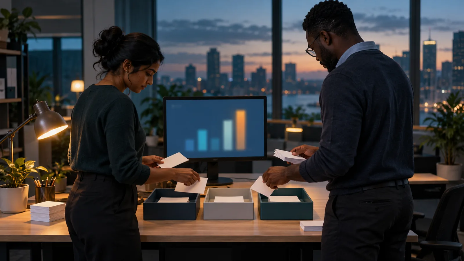 Two office workers sort blank cards into three trays beside a monitor showing blurred abstract bars at dusk.
