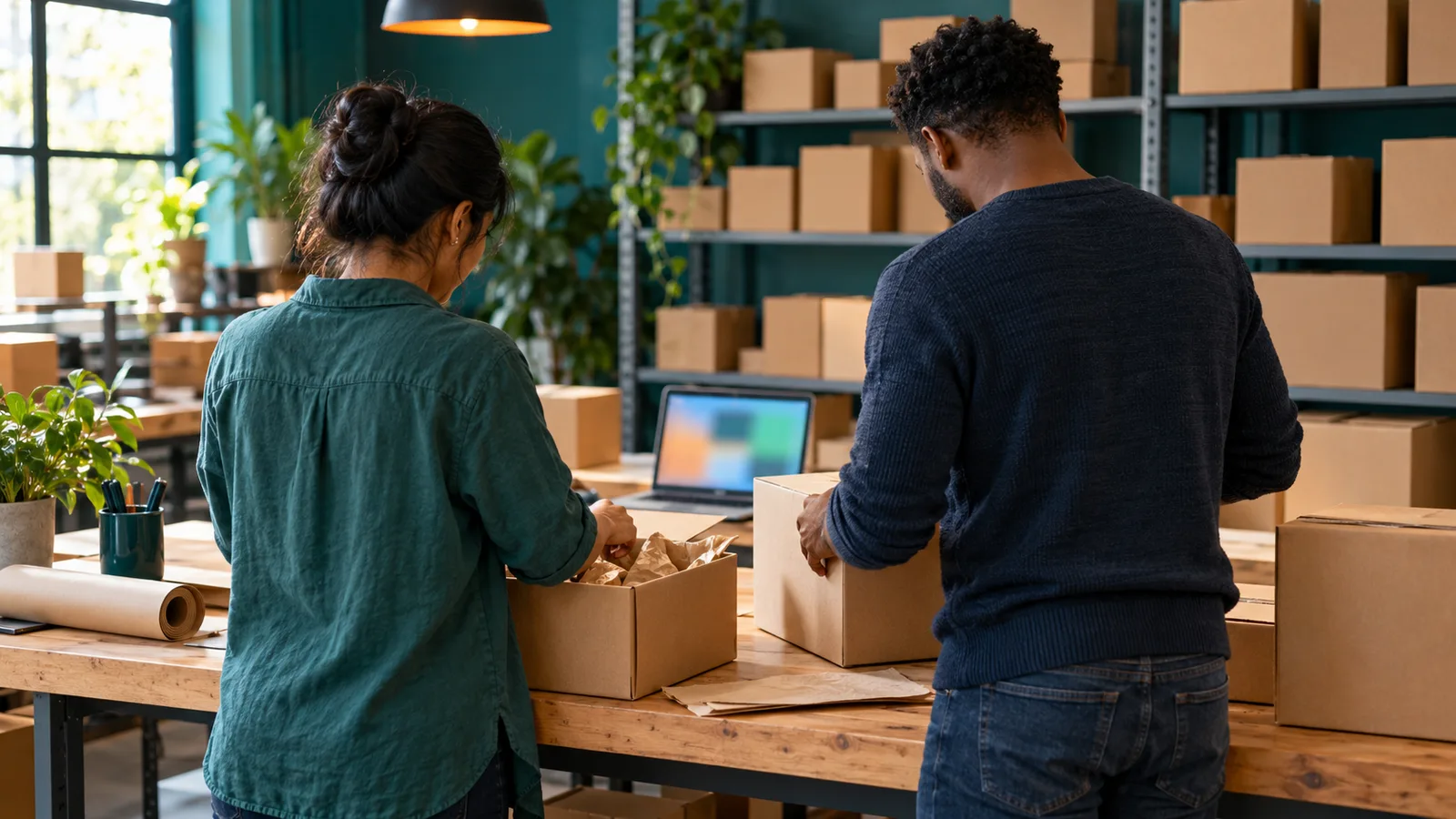 Two colleagues sort parcels beside a laptop at a packing bench in a teal warehouse office under warm orange light.