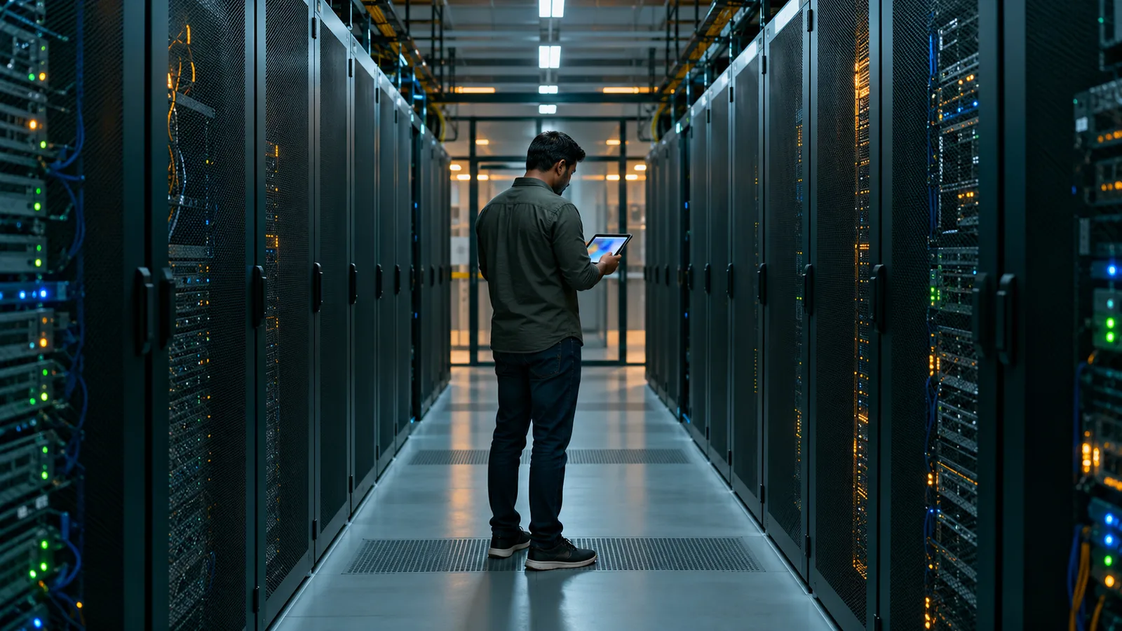A technician checks a tablet between dark server racks in a petrol-and-teal aisle with warm orange lights.