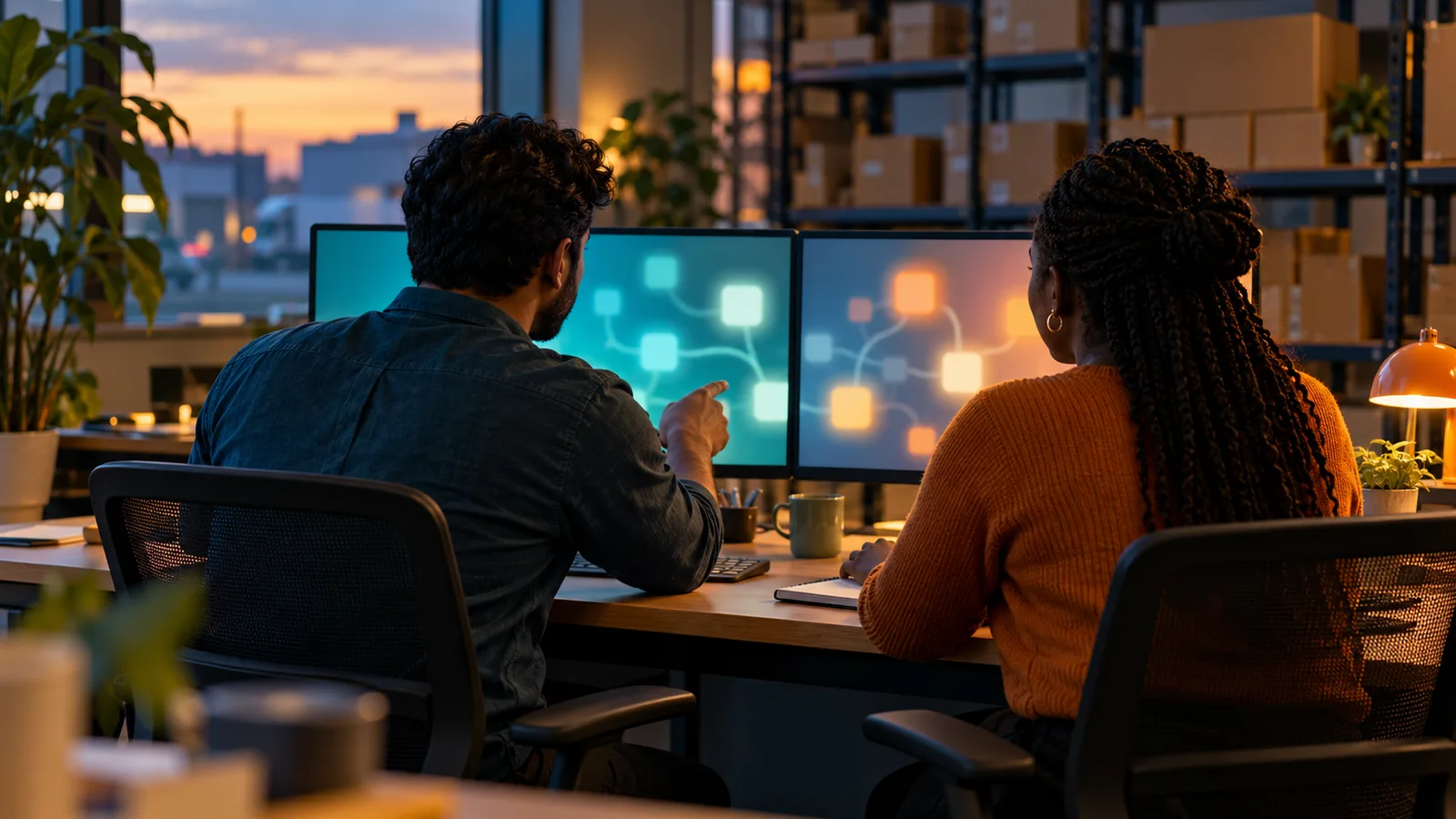 Two colleagues review connected shapes on dual monitors in a wholesale office lit by a warm desk lamp.