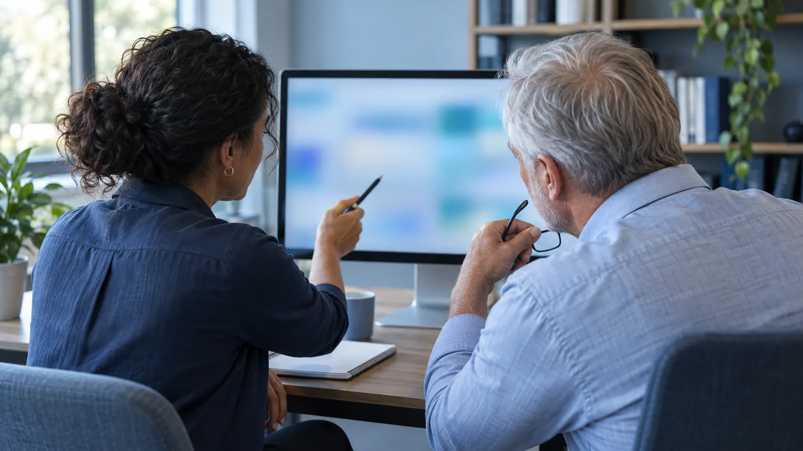 A developer and a clinic manager sit side by side at a desk, reviewing work on a large monitor together.