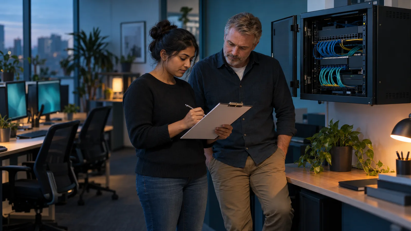 An IT technician and business owner review a clipboard beside an office network cabinet in teal and warm orange light.
