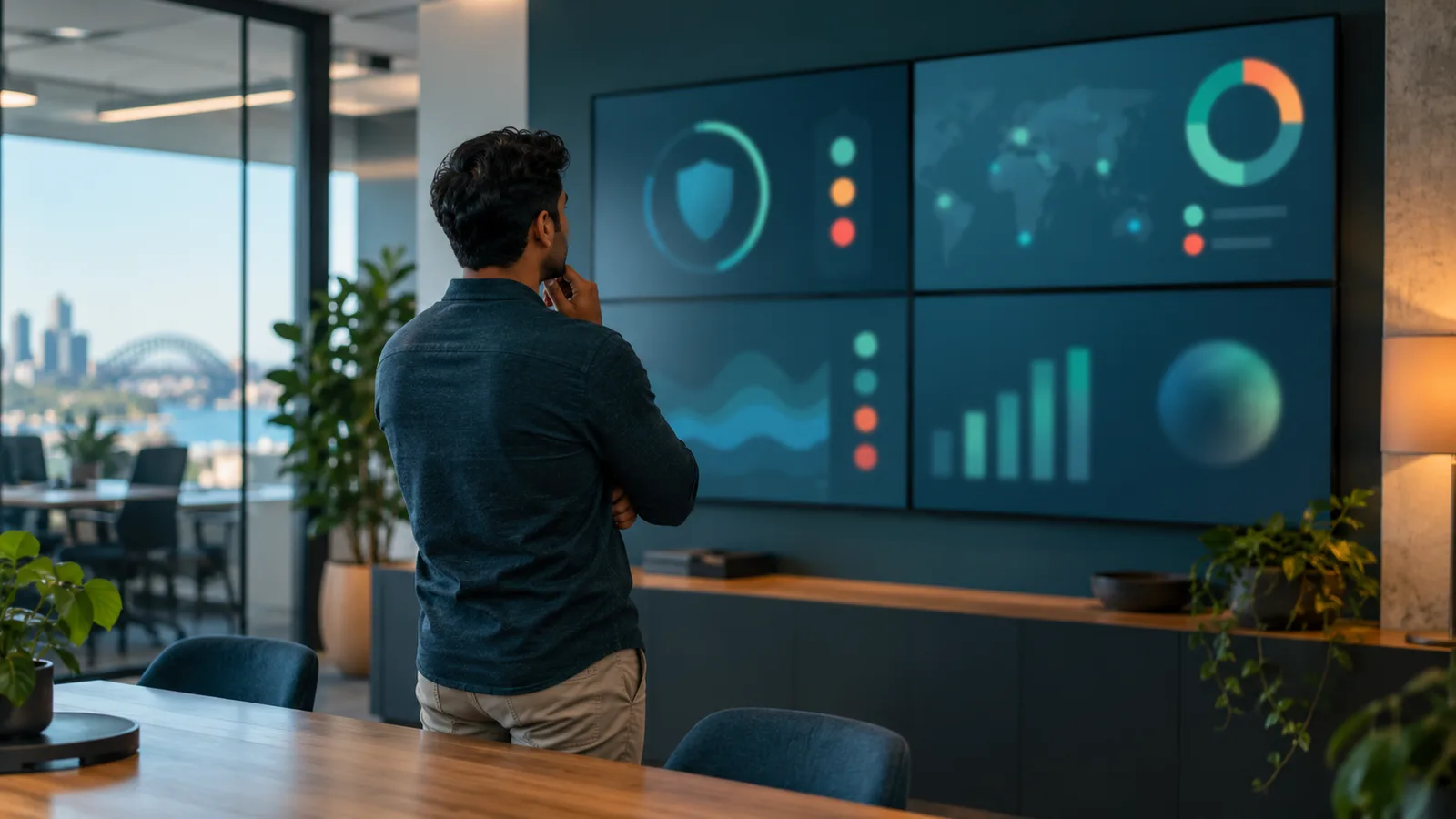 An office worker reviews four abstract security dashboard panels in a teal office with warm orange accents.