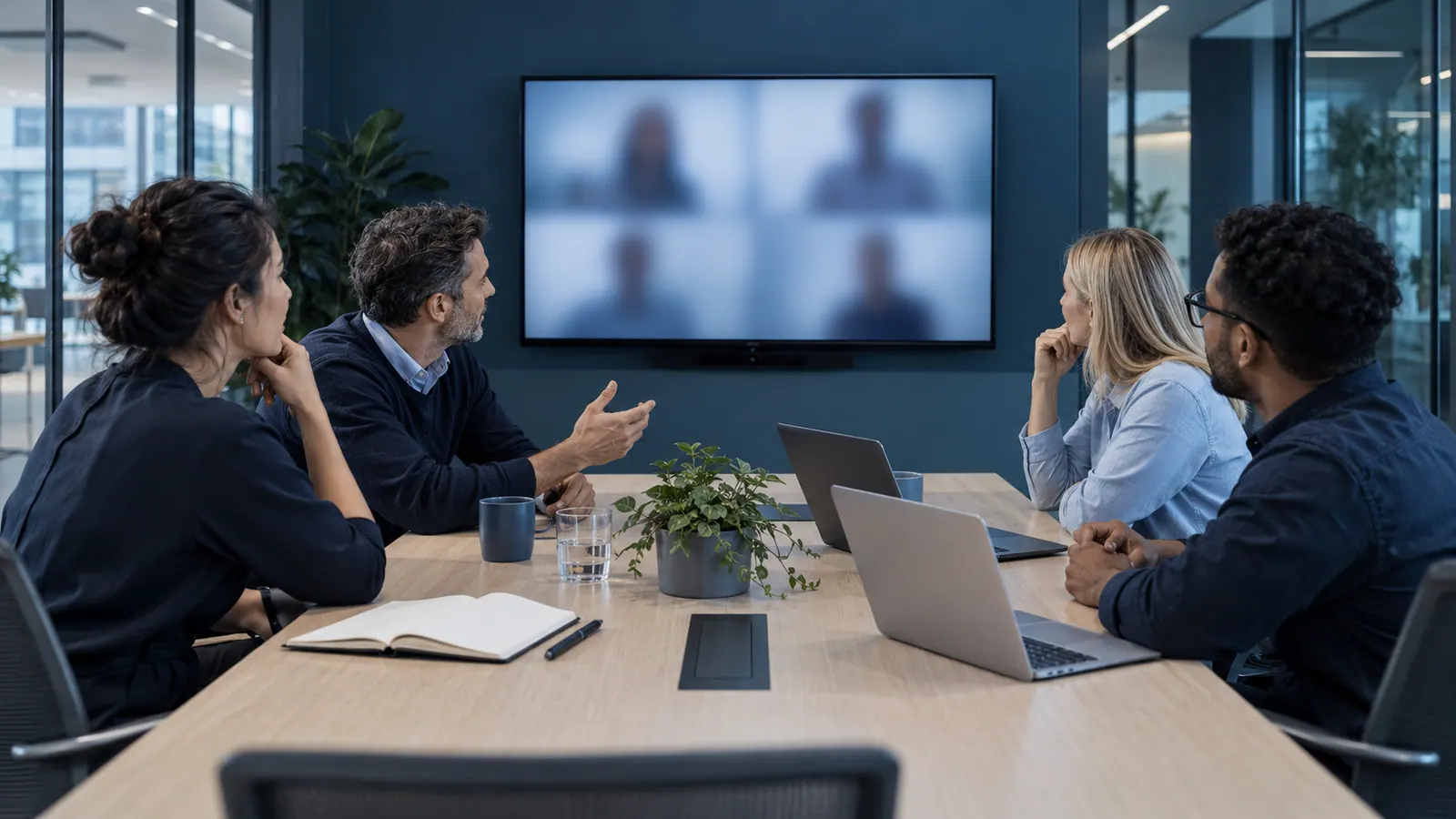 Four colleagues around a meeting table on a video call, with remote participants shown as blurred shapes on a wall screen.