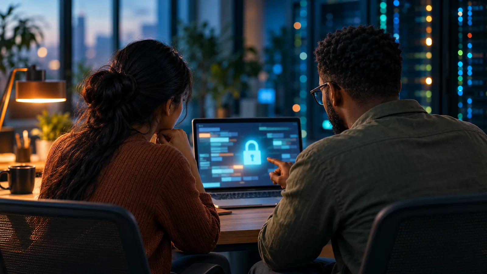 Two people review website security on a laptop in a dim office lit by teal light and a warm orange desk lamp.