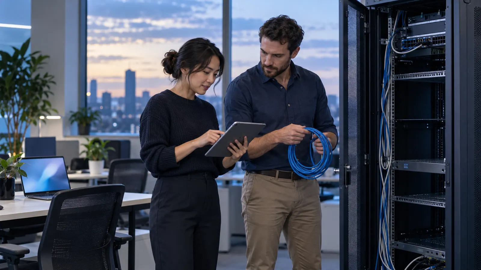 Two colleagues in a small office review a migration plan beside a server cabinet being decommissioned.