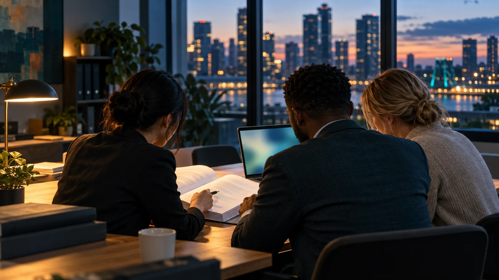 Three colleagues review a thick report and laptop at an office table overlooking the city at dusk.