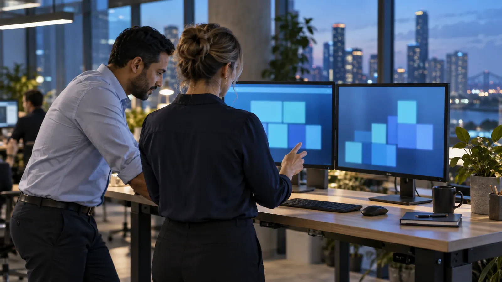 An office manager at a standing desk works across two monitors showing blurred tiles and panels.