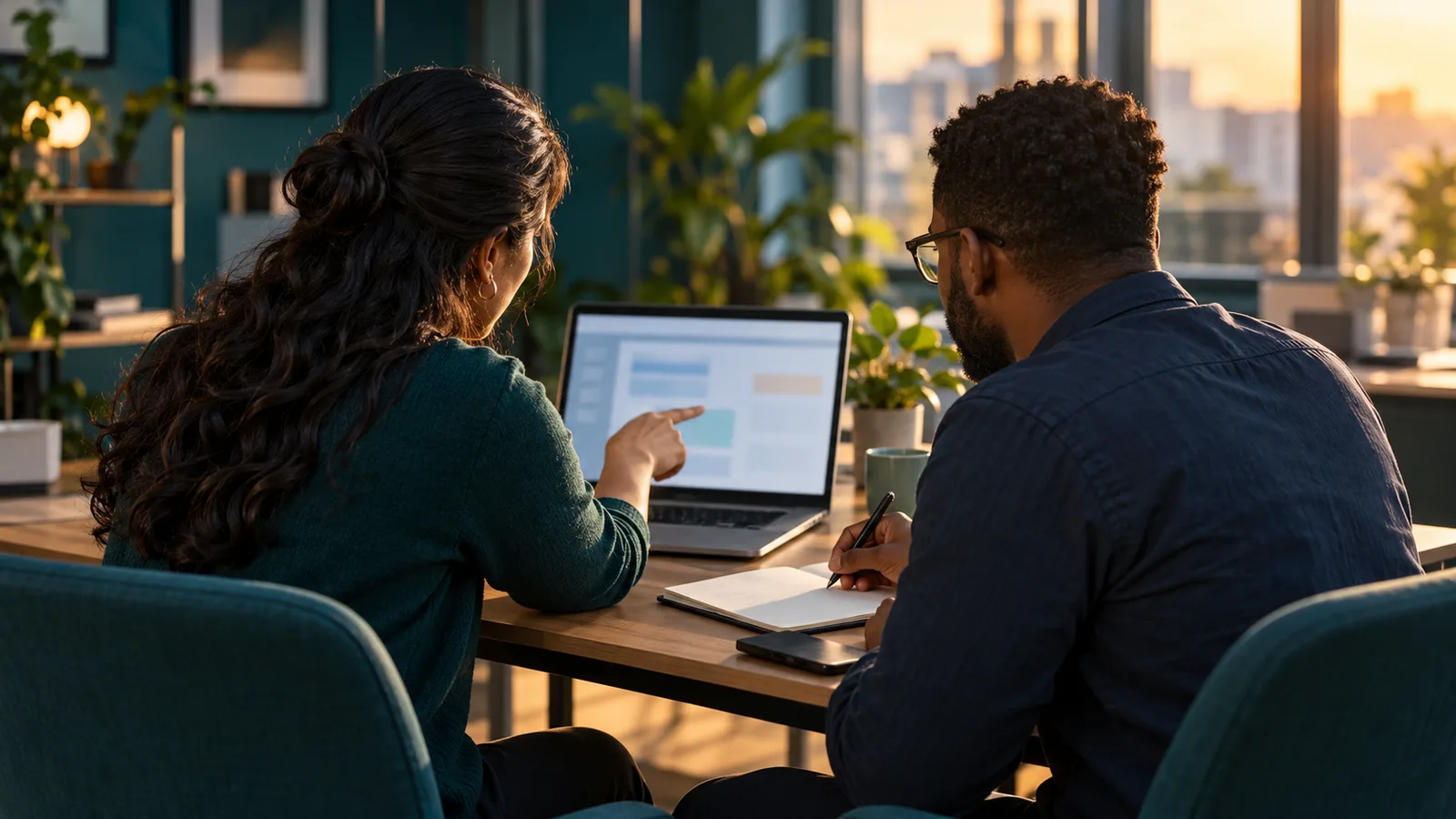 Two colleagues review a laptop and take notes in a teal office lit by warm afternoon sunlight.