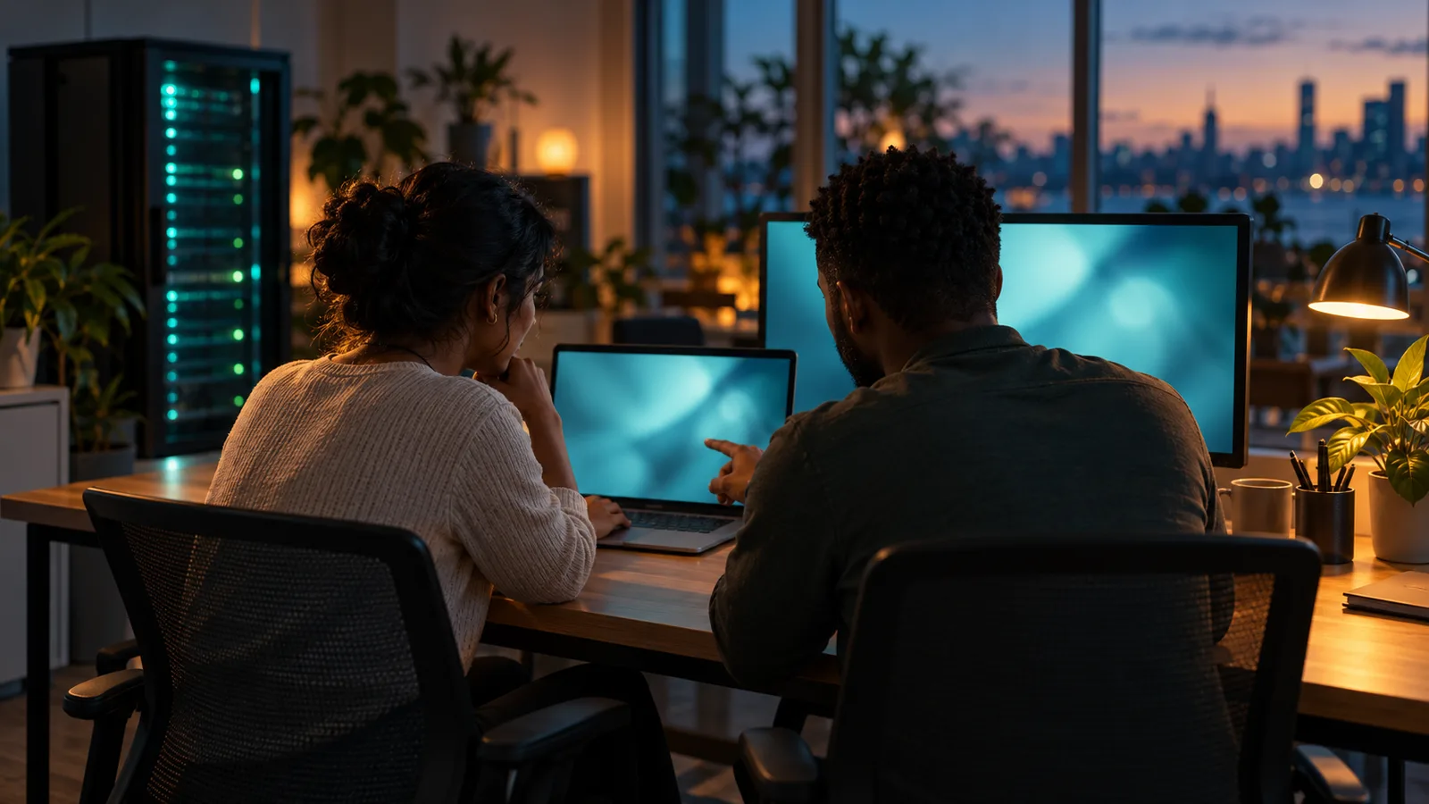 Business owner and web developer review blurred screens in a teal office with a server rack and warm desk lamp.