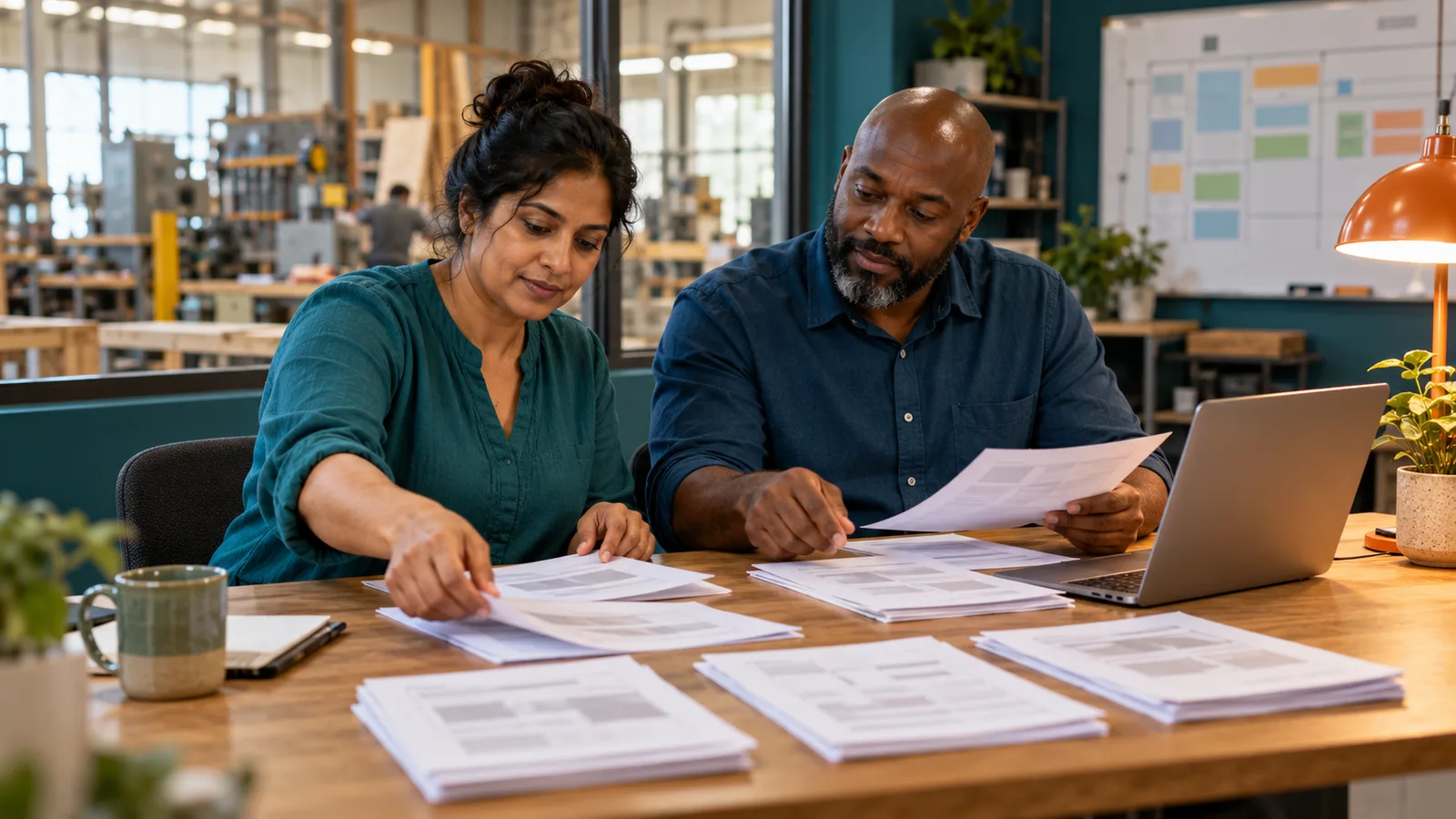 Business owner and office manager sort pages beside a laptop at a workshop office table under warm orange light.