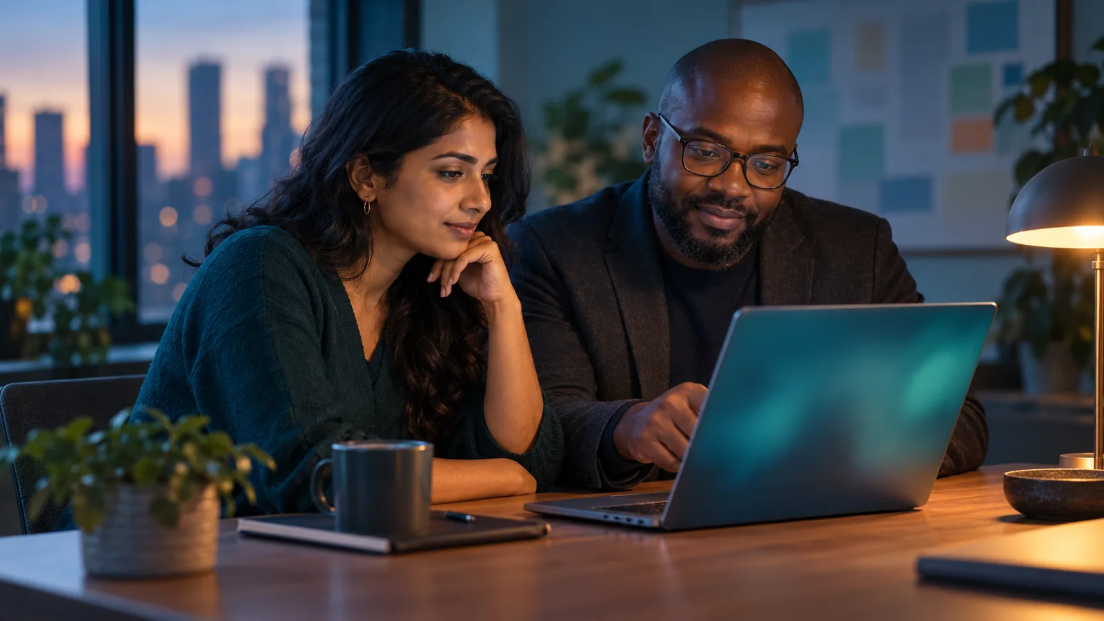 A developer and business owner review a laptop together in a teal office with warm orange lamplight.